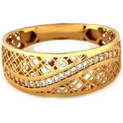Złoty pierścionek 585 szeroki ażurowy z cyrkoniami Lovrin