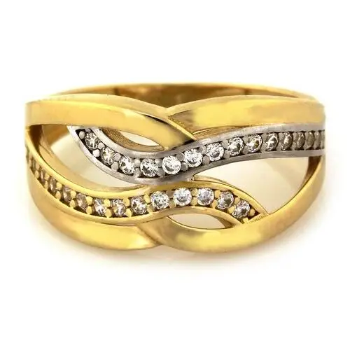 Złoty pierścionek 585 szeroki dwukolorowy cyrkonia 2,47g, kolor żółty