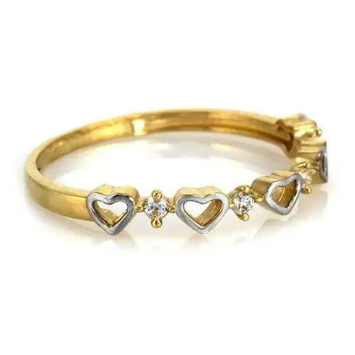 Złoty pierścionek 585 z dwukolorowych serc z cyrkoniami 1,18g, kolor żółty 2