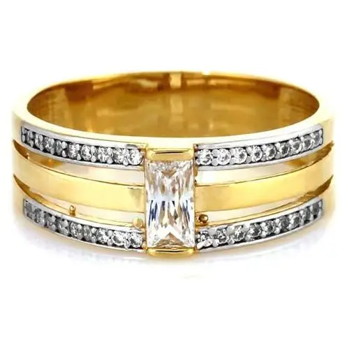 Złoty szroki pierścionek 585 z cyrkoniami trójfazowy Lovrin