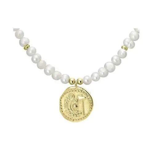 Elegancki perłowy naszyjnik z pozłacaną antyczną monetą, kolor biały