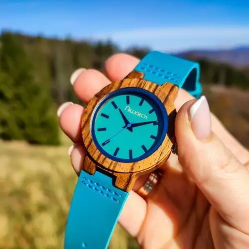 Zegarek drewniany Niwatch BASIC na turkusowym pasku - tarcza 38 mm, ni100-1 2