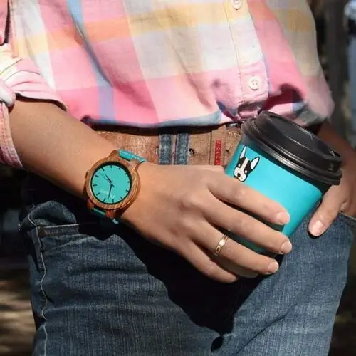 Zegarek drewniany Niwatch BASIC na turkusowym pasku - tarcza 45 mm 5