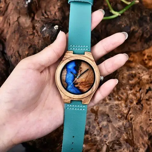 Zegarek drewniany Niwatch EPOXY na turkusowym pasku - tarcza 45 mm, ni811 2