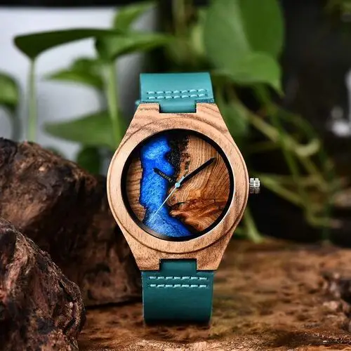 Zegarek drewniany Niwatch EPOXY na turkusowym pasku - tarcza 45 mm, ni811 3