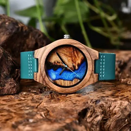 Zegarek drewniany Niwatch EPOXY na turkusowym pasku - tarcza 45 mm, ni811 5