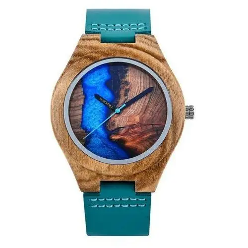 Zegarek drewniany Niwatch EPOXY na turkusowym pasku - tarcza 45 mm, ni811