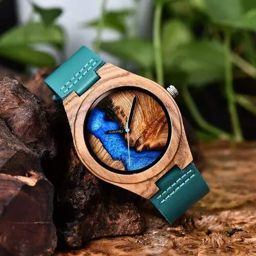 Zegarek drewniany Niwatch EPOXY na turkusowym pasku - tarcza 45 mm, ni811 4