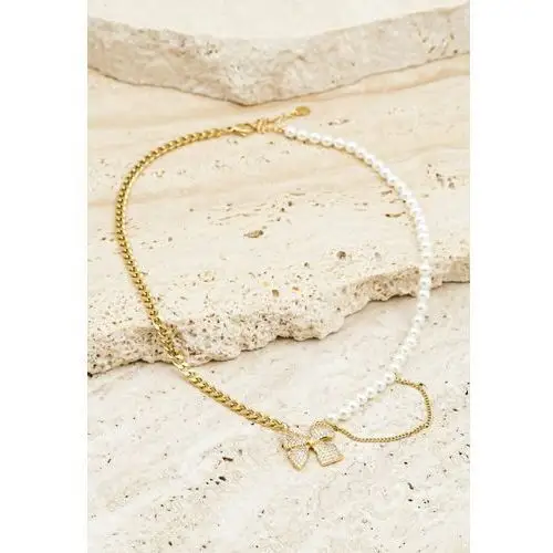Złoto-biały łańcuszkowy naszyjnik z perłami i zawieszką w kształcie kokardy w cyrkonie arony Other