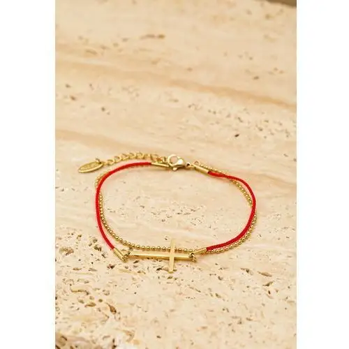 Złoto-czerwona bransoletka z zawieszką w kształcie krzyżyka i czerwonym paseczkiem kaorru Other