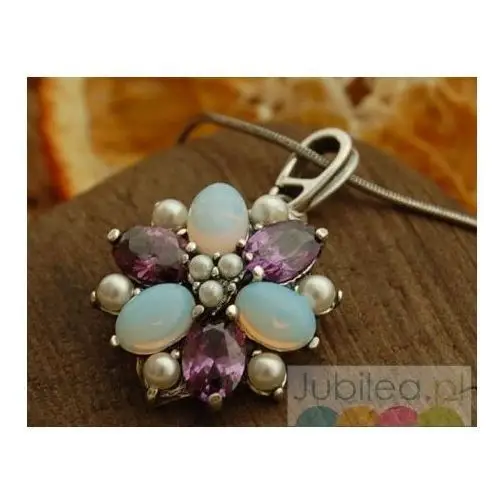 PAWIE OKO - srebrny wisiorek perły ametysty opale, kolor fioletowy
