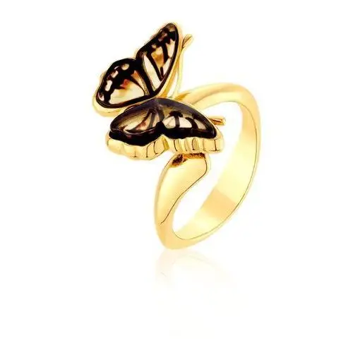 Pierścionek pozłacany motyl z bursztynem mini Butterfly Kiss
