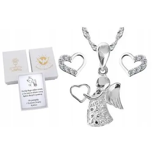 Srebrny Komplet Biżuterii Aniołek z Cyrkoniami Dla Dziewczynki Na Komunię