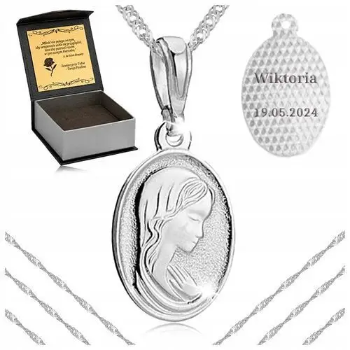 Srebrny Łańcuszek Medalik 925 Dla Dziewczynki Na Komunię Grawer, kolor szary
