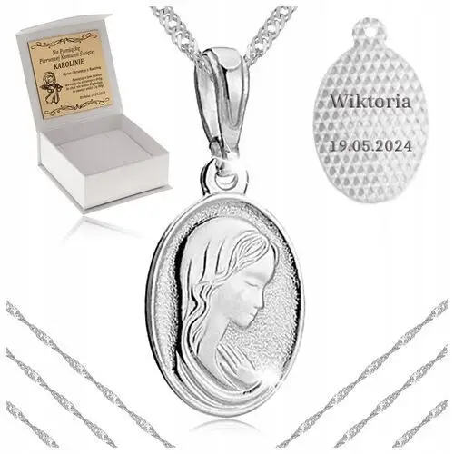 Srebrny Łańcuszek Medalik Madonna 925 Dla Dziewczynki Na Komunię Grawer, kolor szary