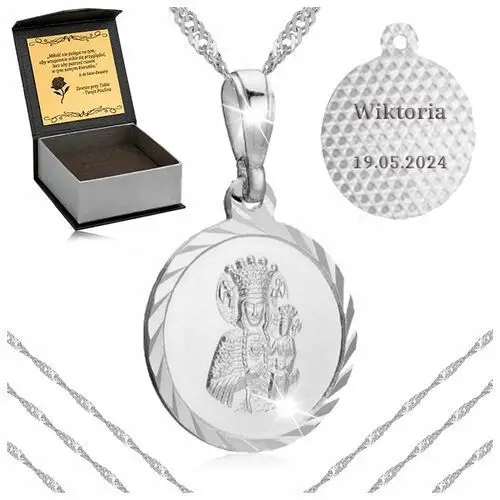 Srebrny Łańcuszek Singapur Medalik 925 Matka Boska Częstochowska Grawer