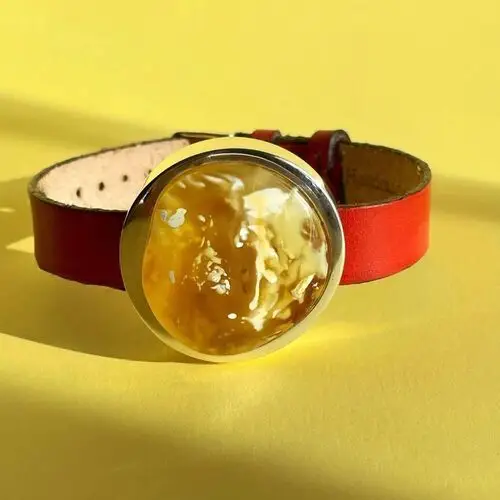 Unikatowa bransoleta srebrna na skórzanym pasku z miodowym bursztynem, kolor pomarańczowy