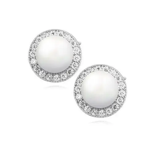Delikatne rodowane okrągłe srebrne kolczyki perły perełki cyrkonie srebro 925