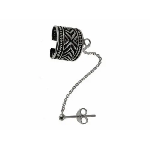 Elegancki oksydowany srebrny kolczyk nausznica z łańcuszkiem na małżowinę ze wzorem ear cuff srebro 925, kolor szary
