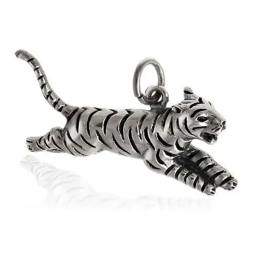 Elegancki oksydowany srebrny wisior wisiorek biegnący tygrys tiger srebro 925, kolor szary
