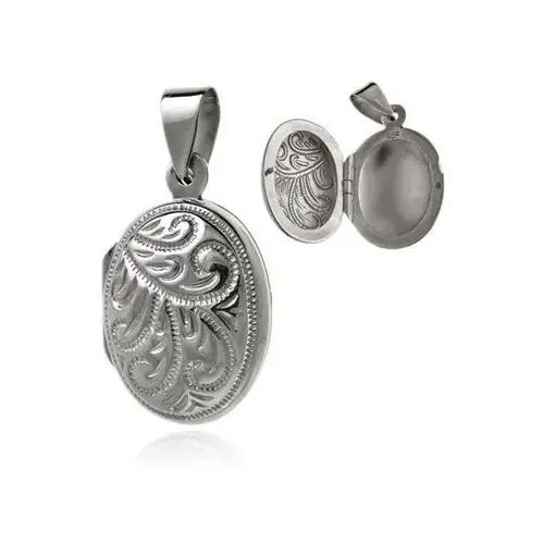 Elegancki owalny otwierany srebrny wisior sekretnik z grawerowanym wyciskanym wzorem srebro 925, kolor szary