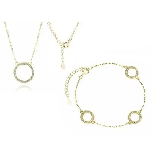 Elegancki pozłacany srebrny komplet celebrytka kółka circle ring białe cyrkonie srebro 925