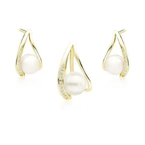 Elegancki pozłacany srebrny komplet z perłami i cyrkoniami perła perły krople cyrkonie srebro 925