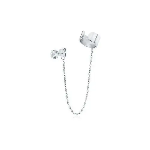 Elegancki rodowany srebrny kolczyk gładka nausznica ear cuff z łańcuszkiem połysk srebro 925