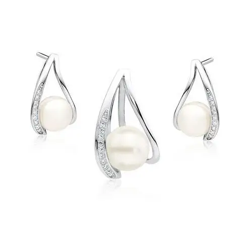 Elegancki rodowany srebrny komplet z perłami i cyrkoniami perła perły krople cyrkonie srebro 925 Z1595Z