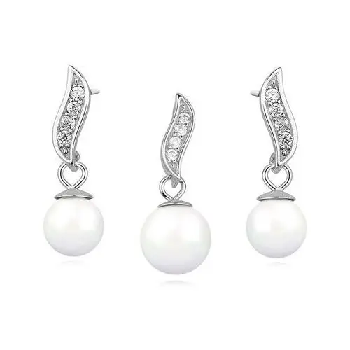 Elegancki rodowany srebrny komplet z perłami i cyrkoniami perła perły krople cyrkonie srebro 925, kolor biały