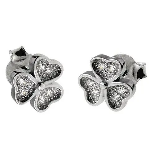 Eleganckie rodowane srebrne kolczyki celebrytki koniczynka lucky cyrkonie srebro 925, kolor szary