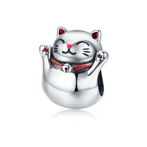Rodowany srebrny charms do pandora japoński kot maneki neko cat srebro 925 NEW129, kolor szary
