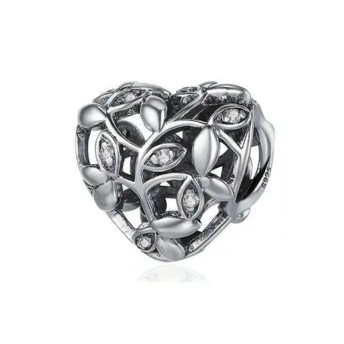 Rodowany srebrny charms do pandora serce ażurowe gałązki listki cyrkonie srebro 925 BEAD141