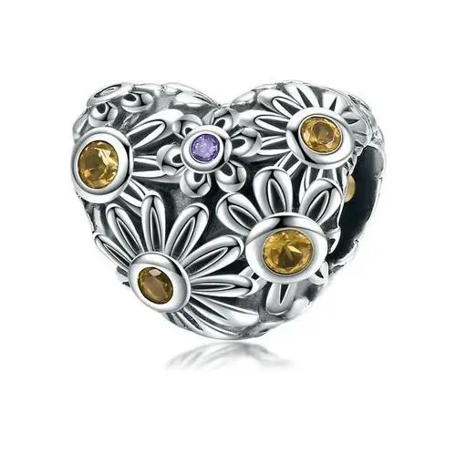 Rodowany srebrny charms do pandora serce heart kwiatki flowers cyrkonie srebro 925