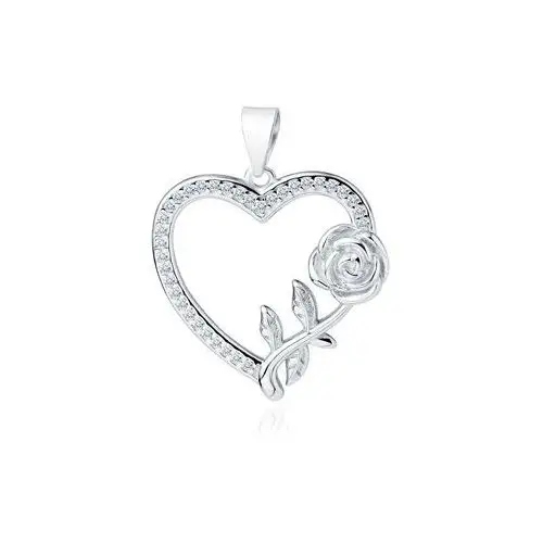 Rodowany srebrny wisiorek serce serduszko kwiat róży białe cyrkonie srebro 925, kolor różowy
