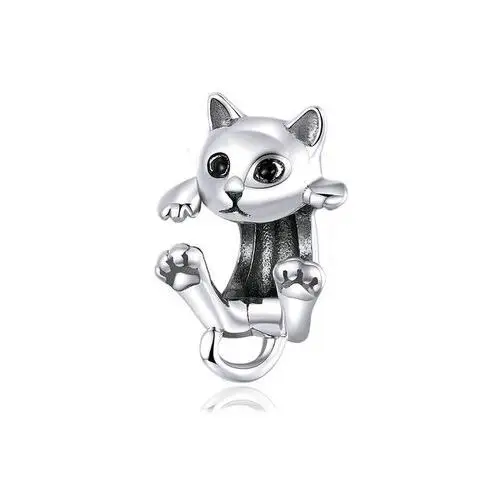 Rodowany srebrny wiszący charms do pandora bawiący się kotek kot cat mruczek pupil srebro 925 SY074, kolor szary
