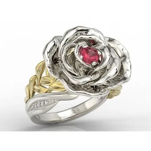 Pierścionek z białego i żółtego złota w kształcie róży z rubinem i diamentami AP-95BZ, kolor różowy