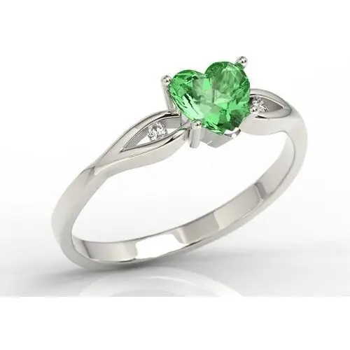 Pierścionek z białego złota z zielonym topazem w kształcie serca i diamentami lp-71b, kolor zielony