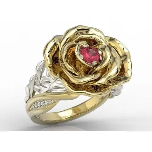Węc - twój jubiler Pierścionek z żółtego i białego złota w kształcie róży z rubinem i cyrkoniami ap-95zb-c