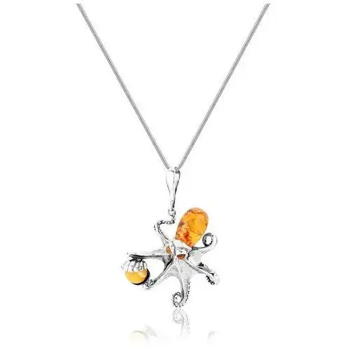 Zawieszka srebrna ośmiornica z koniakowym bursztynem Octopus, kolor pomarańczowy