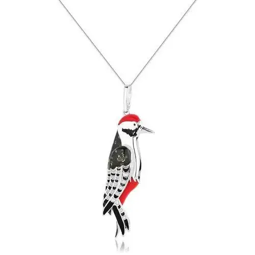 Zawieszka srebrna ptak dzięcioł z bursztynem Woodpecker
