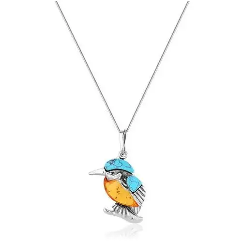 Zawieszka srebrna ptak zimorodek z bursztynem medium Kingfisher