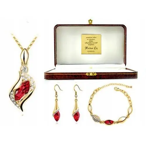 Złoty komplet biżuterii rubinowe łezki z grawerem