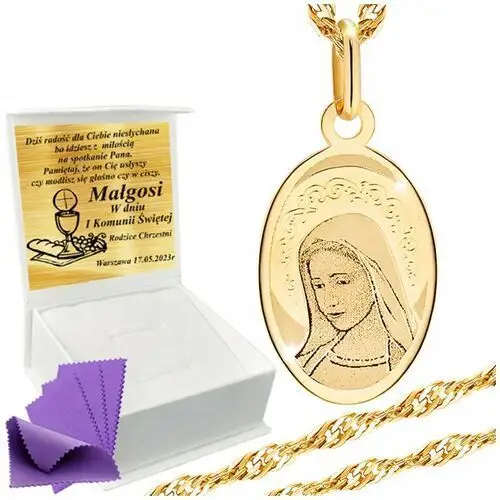 Złoty Łańcuszek z Medalikiem 585 Komunia Chrzest, kolor żółty