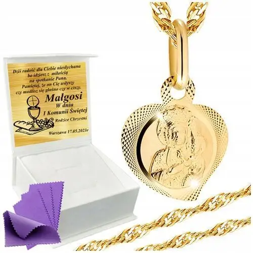 Złoty Łańcuszek z Medalikiem 585 Na Komunię Chrzest Grawer+upominek, kolor żółty