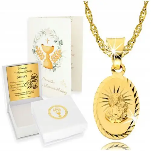 Złoty Łańcuszek z Medalikiem 925 Chrzest Komunia Grawer, kolor żółty