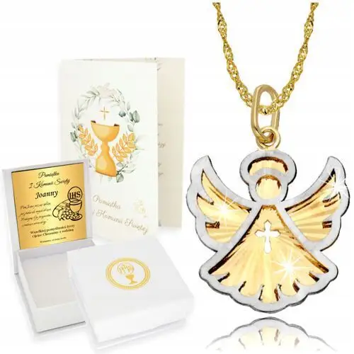 Złoty Łańcuszek z Medalikiem Aniołek Złoto 333 Chrzest Komunia Grawer